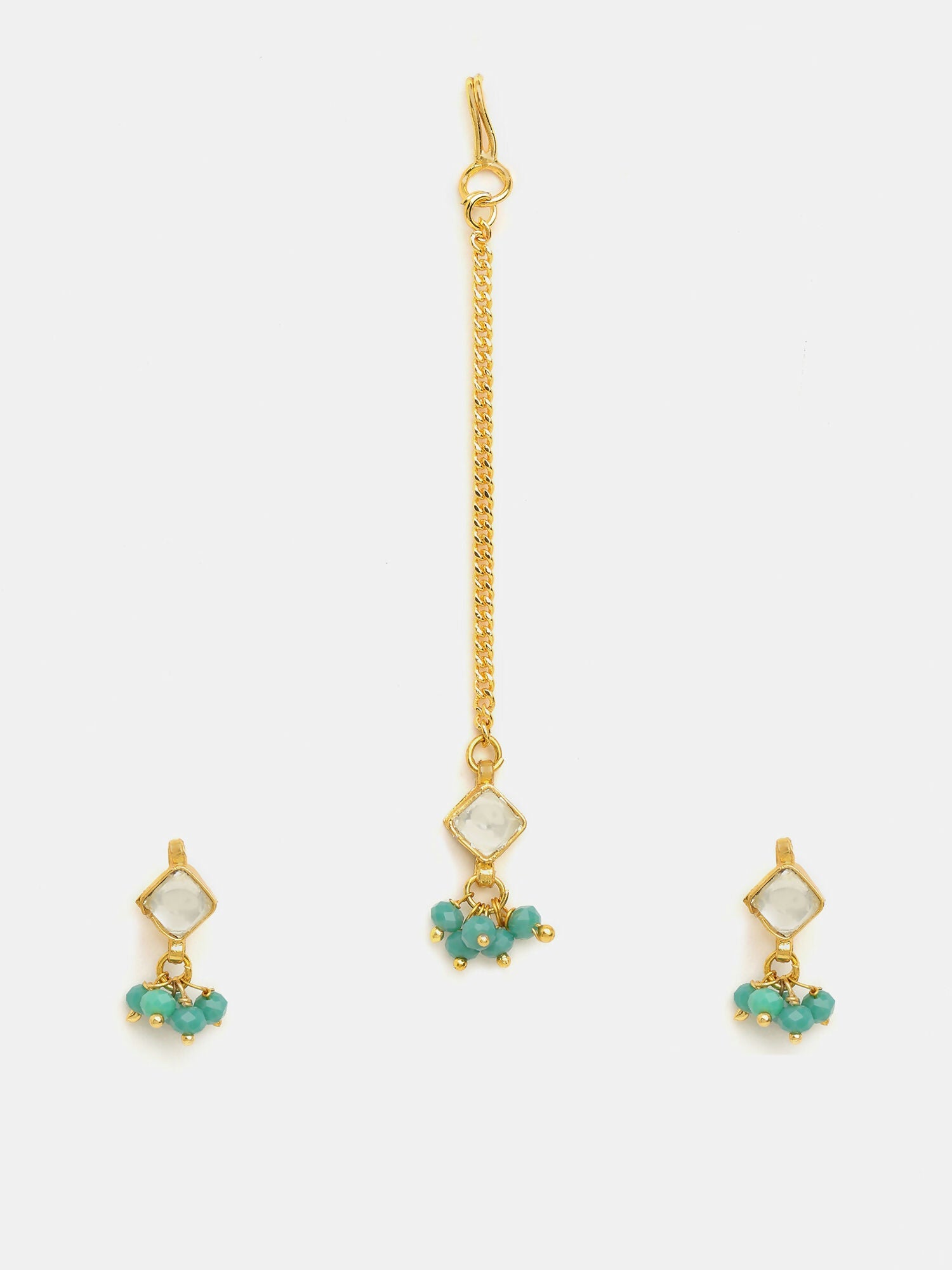 Ruby Raang Gold-White Set Of Earrings And Maang Tikka