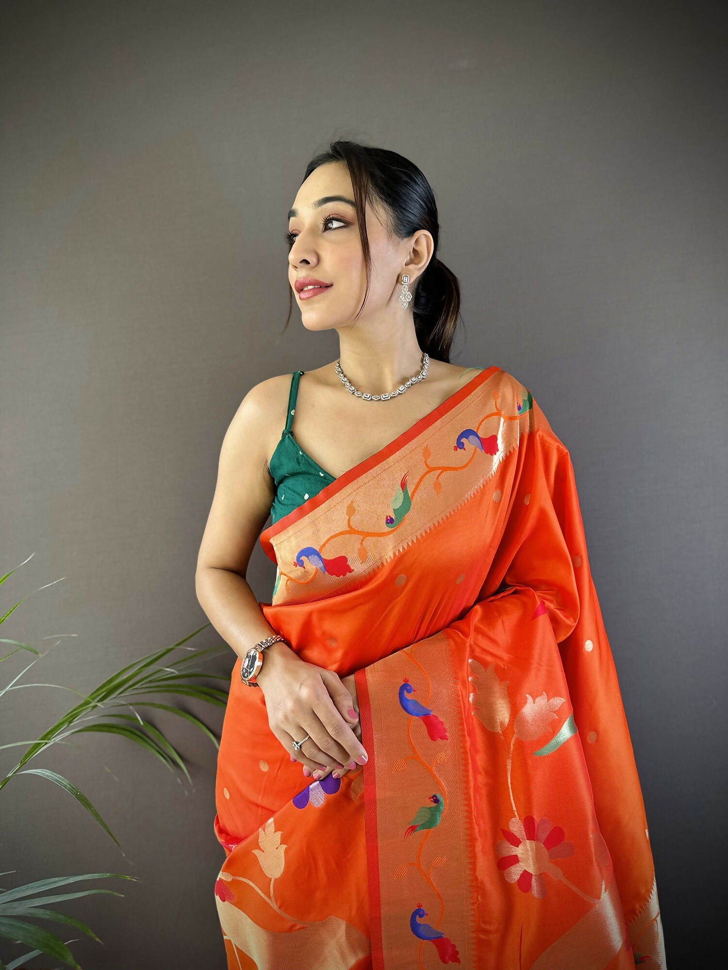 Joban Fashion Orange Zari Woven Floral Motifs Soft Silk Paithani Silk Saree