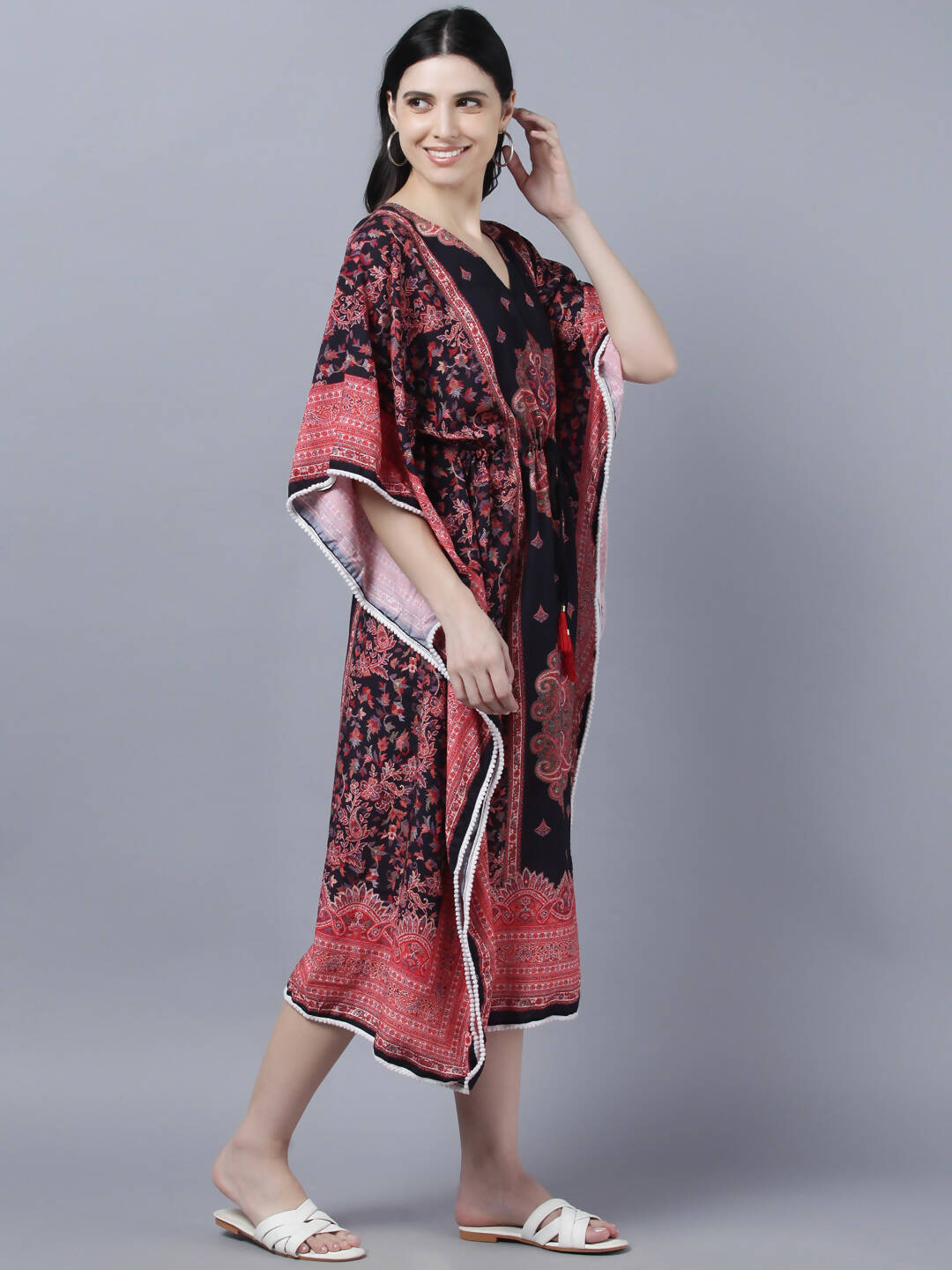 Myshka Peach-Coloured Purple Floral Kaftan Midi Dress