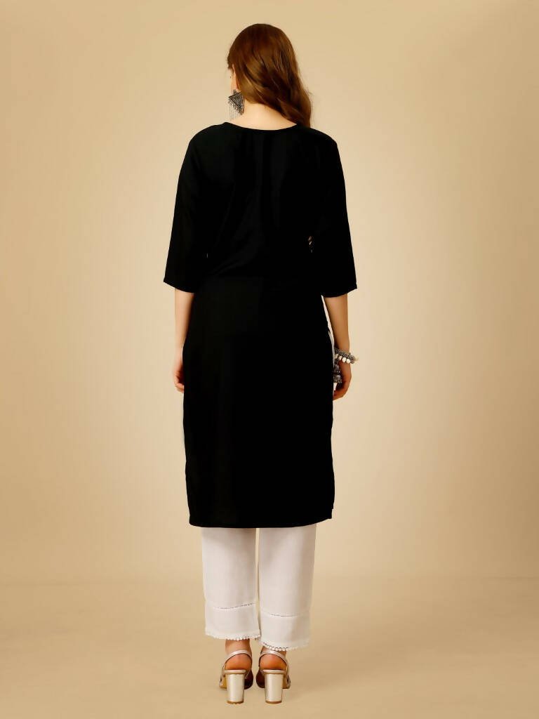 Aastha Fashion Women's Black Cotton Blend Embroidered Kurta Pant Set - Grab2buy