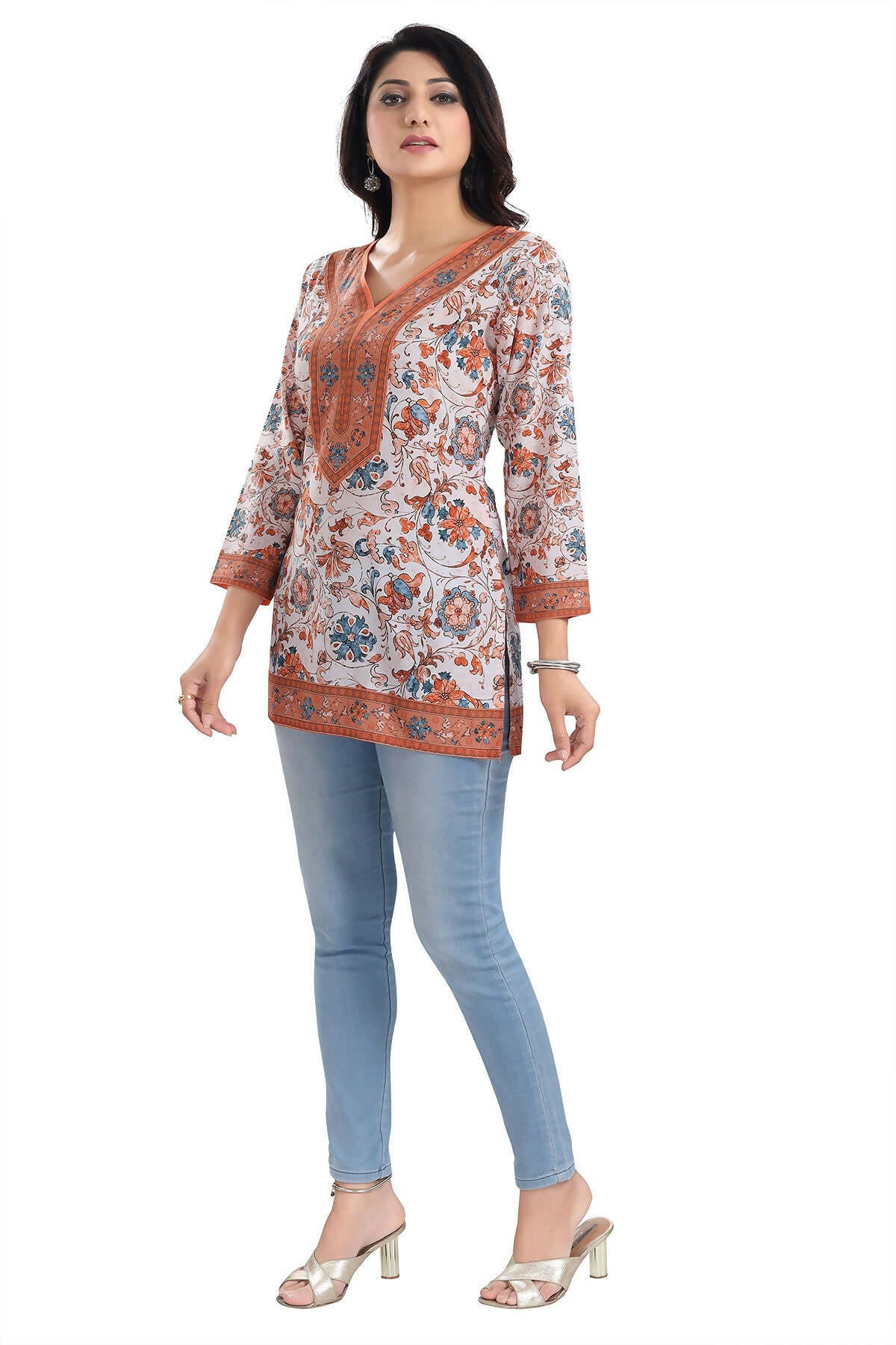 Snehal Creations Cream Faux Crepe Short Kurti Tunic Top