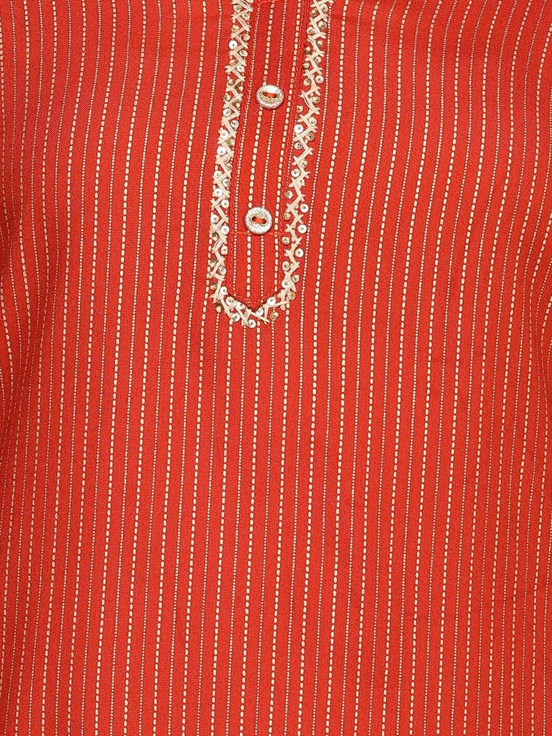 HERE&NOW Orange & Gold-Toned Mandarin Collar Striped Sequined Straight Kurta