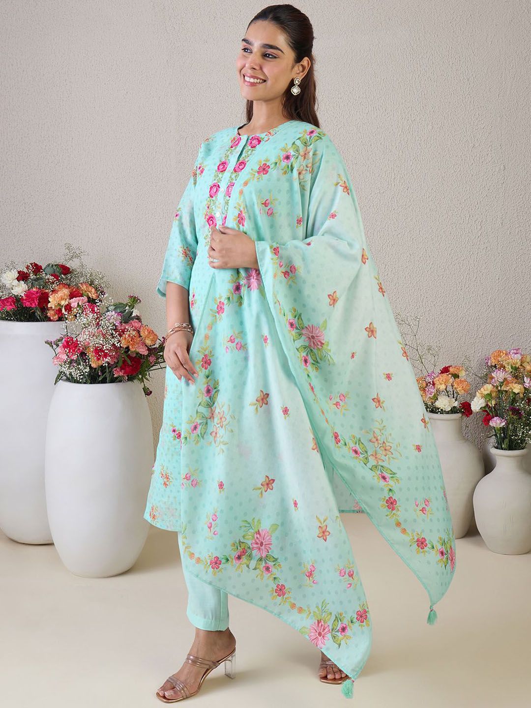 Indo Era Women Floral Embroidered Thread Work Linen Kurta with Trousers & With Dupatta