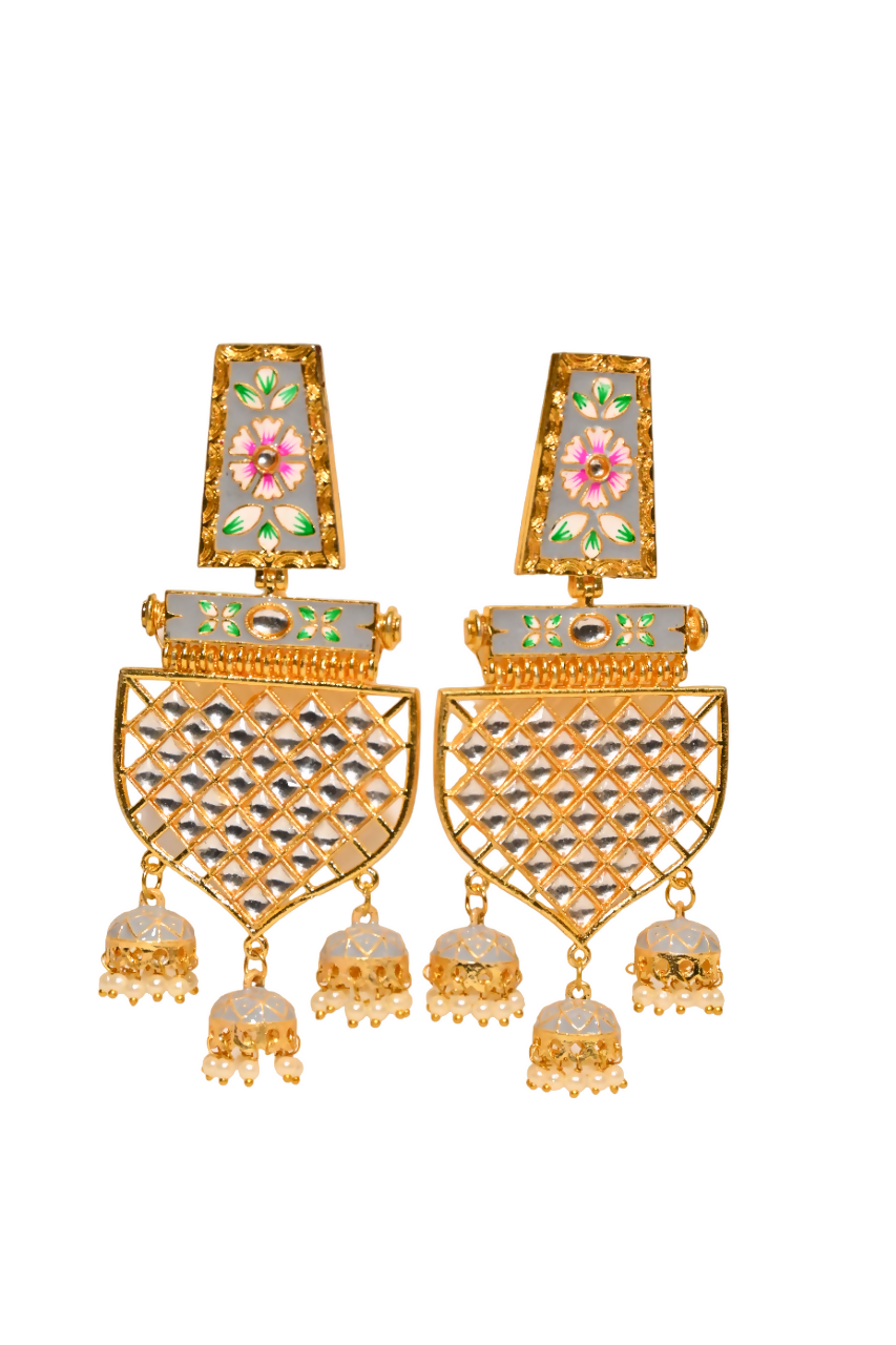 Traditional Gold-Plated Meenakari Grey Jhumka Jhumki Earrings By House of Ree - Grab2buy