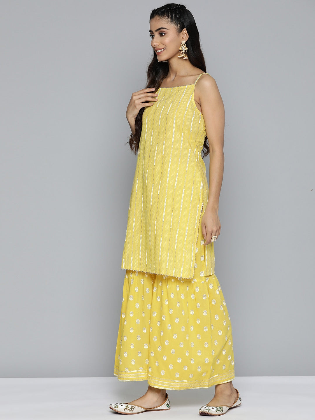 HERE&NOW Ethnic Motifs Printed Gotta Patti Pure Cotton Kurta with Sharara & Dupatta