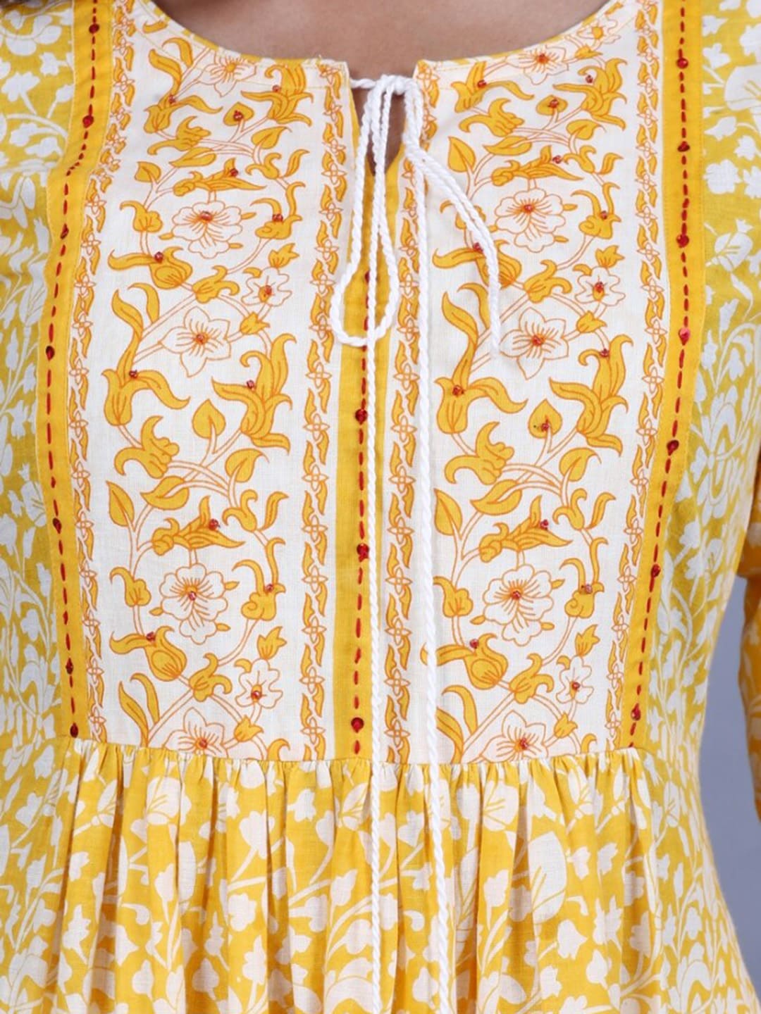 HERE&NOW Women Yellow Floral Printed Sequined A-Line Kurta with Trousers