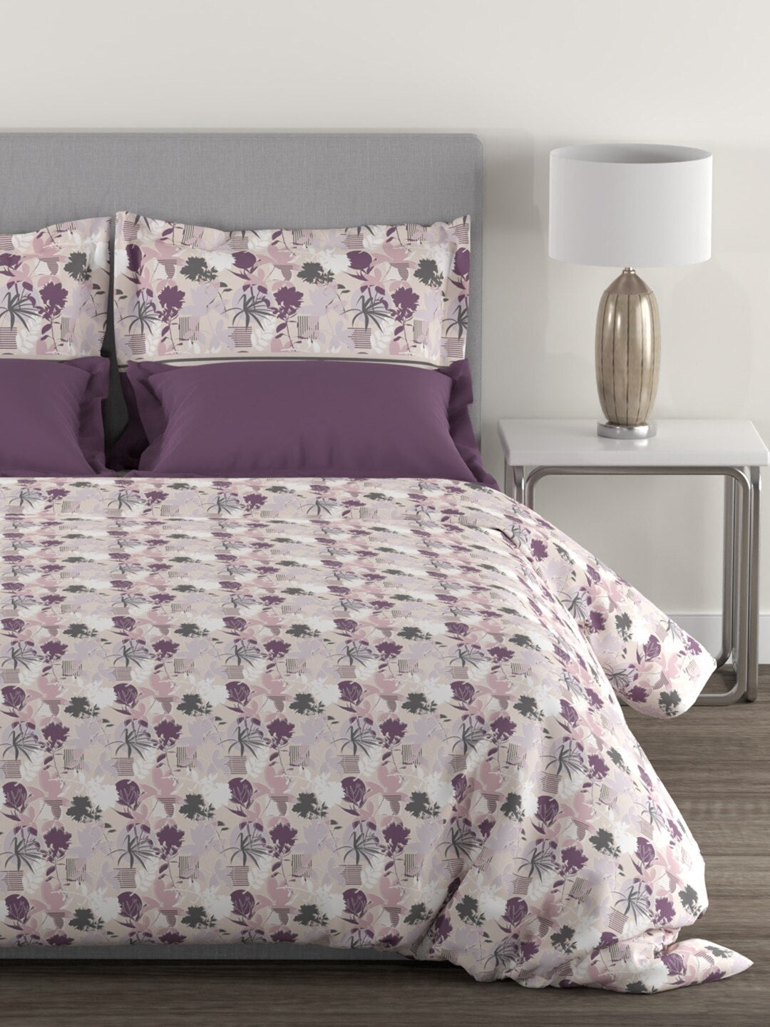 MYTRIDENT Mauve White Floral Cotton 144 TC Queen Bedsheet With 2 Pillow Covers 