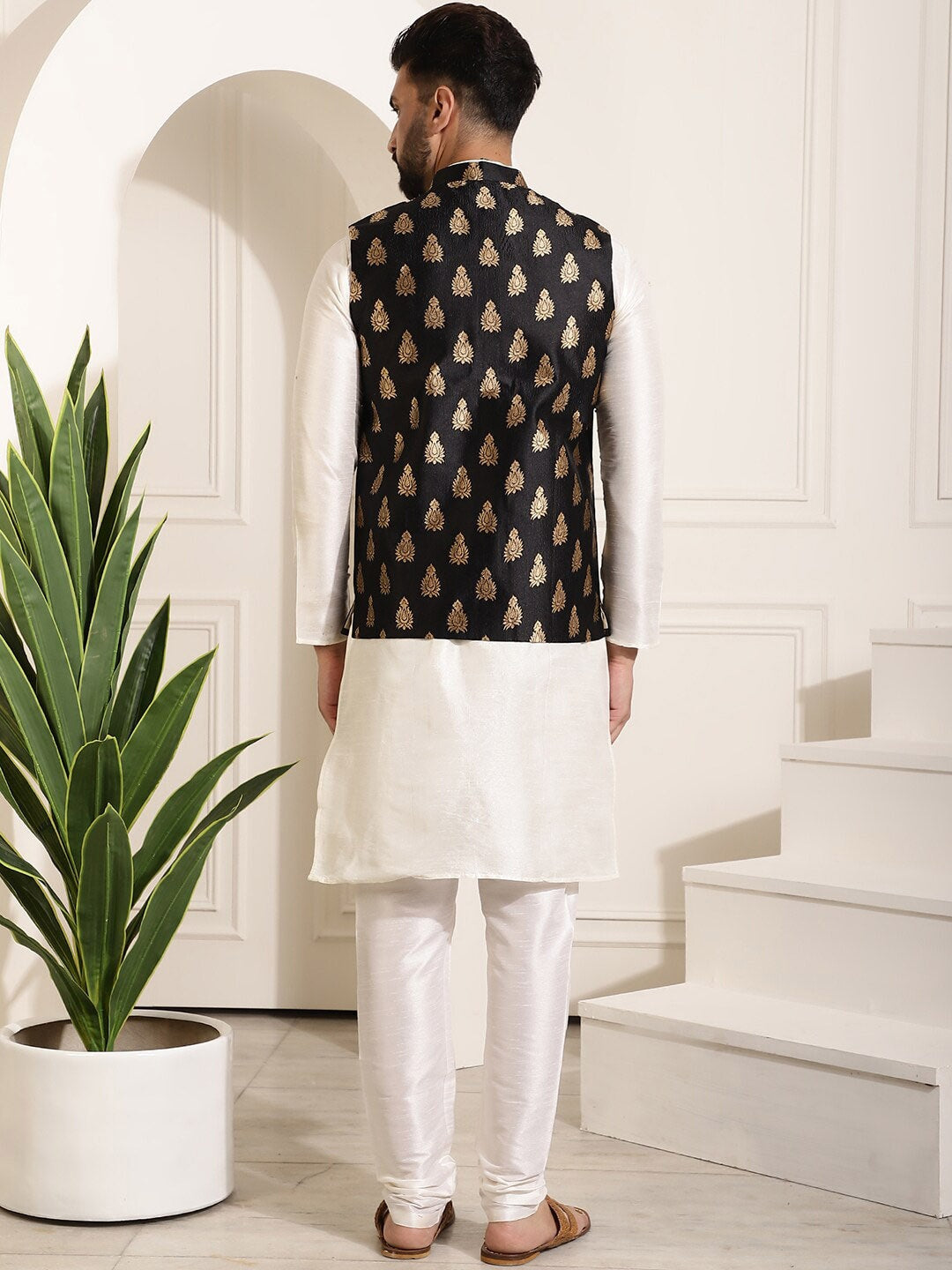 Sojanya Band Collar Straight Kurta & Churidar with Nehru jacket 