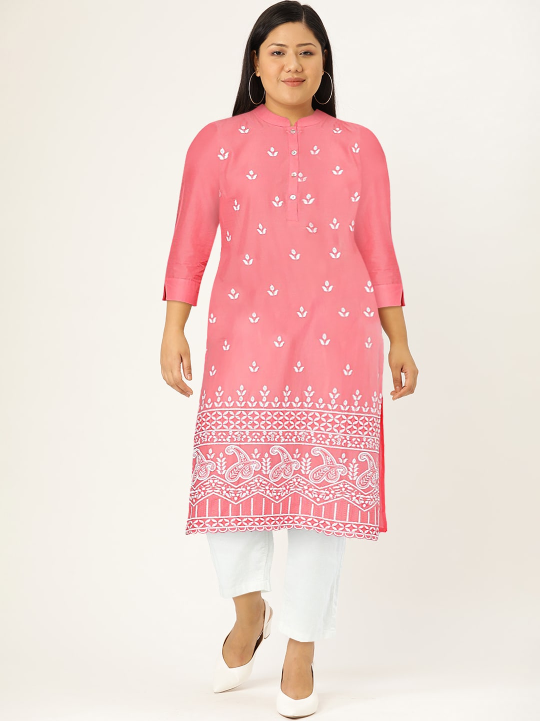 HERE&NOW Women Pure Cotton Ethnic Motifs Embroidered Thread Work Pastels Kurta