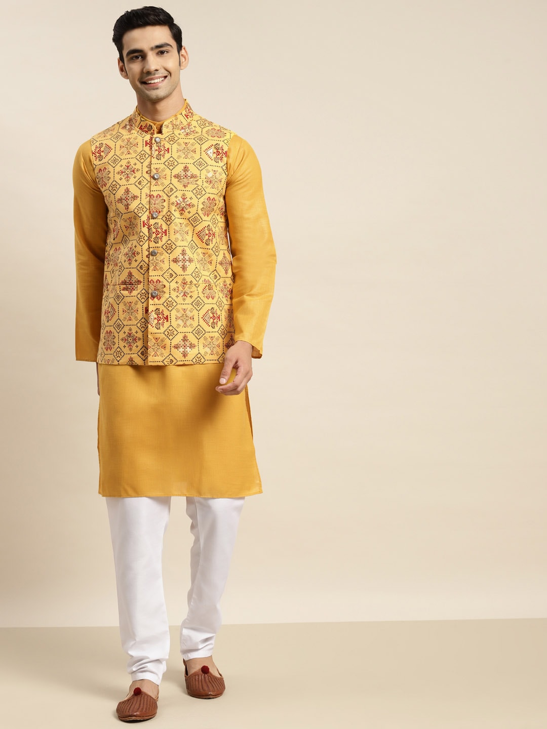 Sojanya Men Mustard Yellow Pure Cotton Kurta with Churidar & Nehru Jacket 