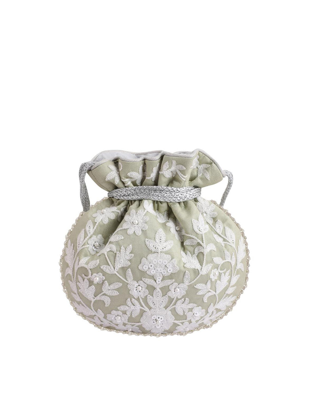 Masq Green & White Embellished Embroidered Potli Clutch - Grab2buy