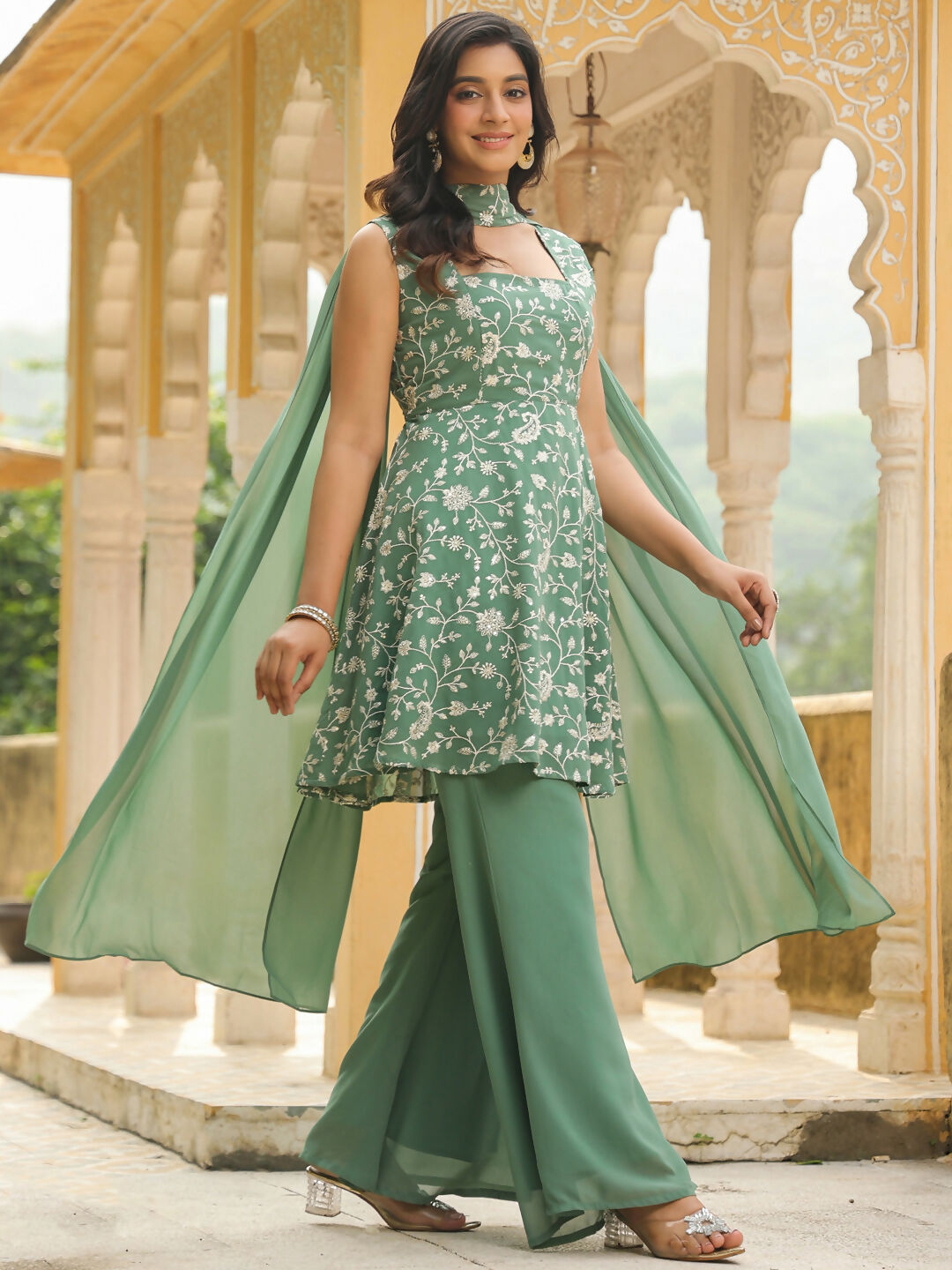 Janasya Sage Green Georgette Embroidered Kurta,Bottom & Dupatta 