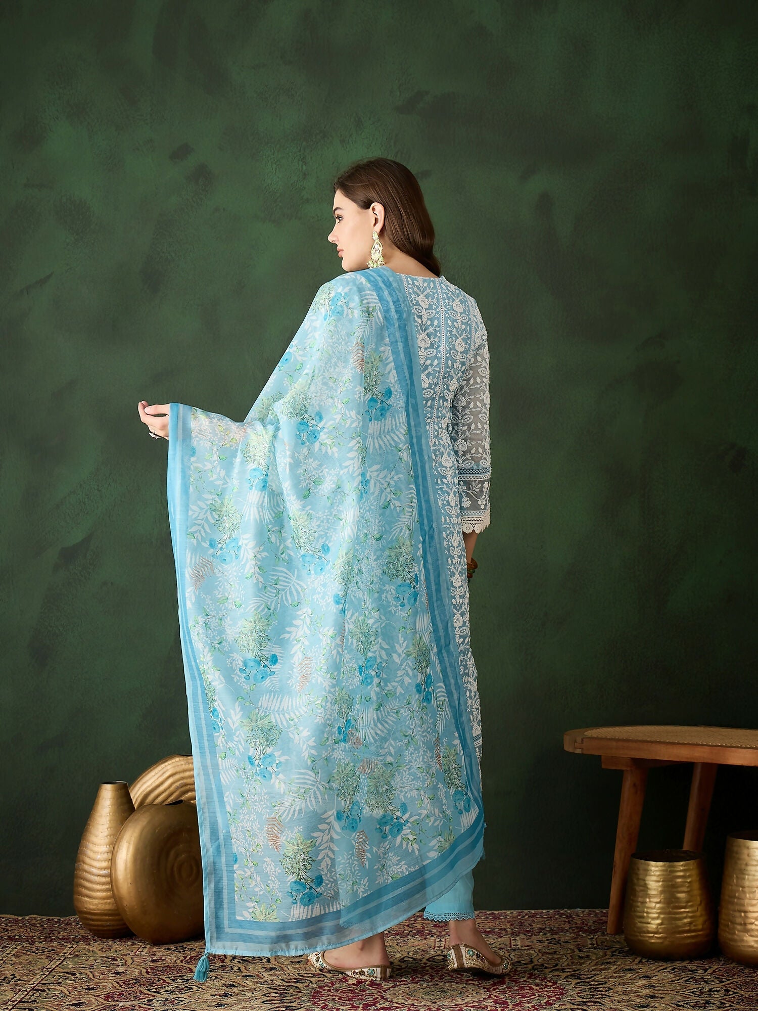 Blue Crystal Organza schiffli embroidery Kurta With Trouser & Dupatta - Bhumi