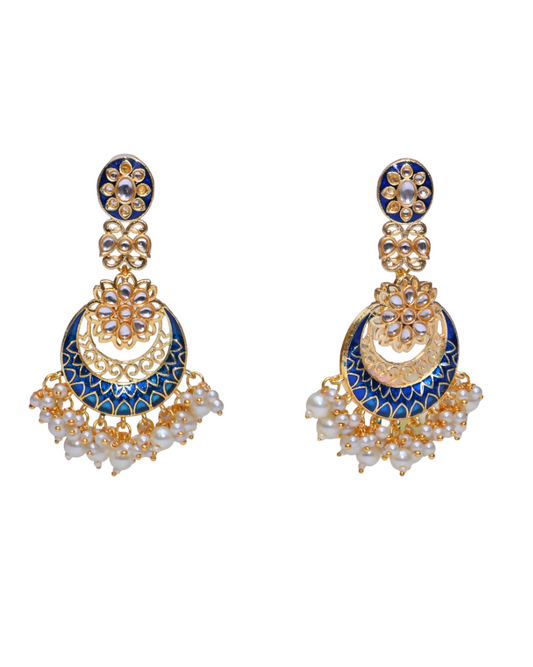 Gold Plated Kundan & Pearl Dangle Women Blue Meenakari Chandbali Earrings By House of Ree - Grab2buy