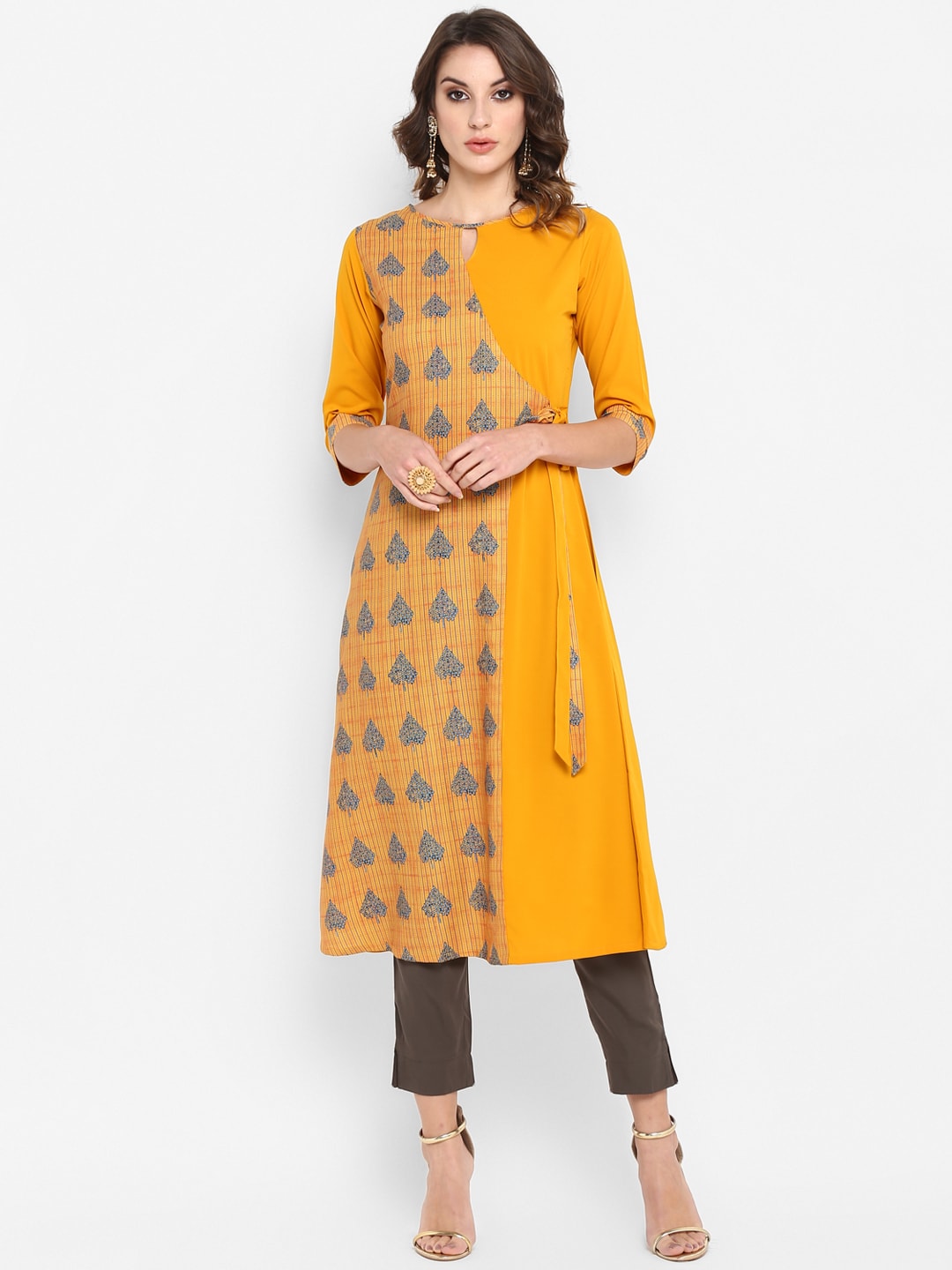 Janasya Women Mustard Yellow & Blue Printed A-Line Kurta