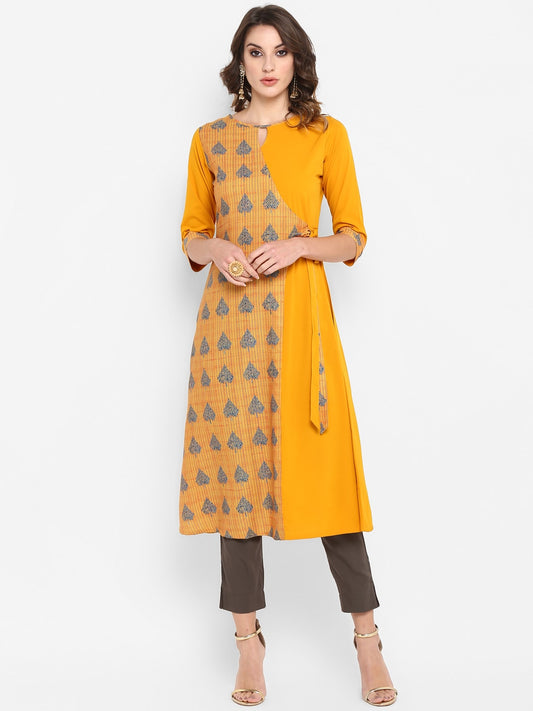 Janasya Women Mustard Yellow & Blue Printed A-Line Kurta