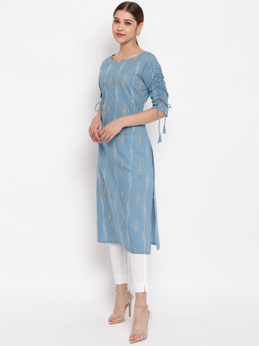 Janasya Women Blue Printed Straight Kurta