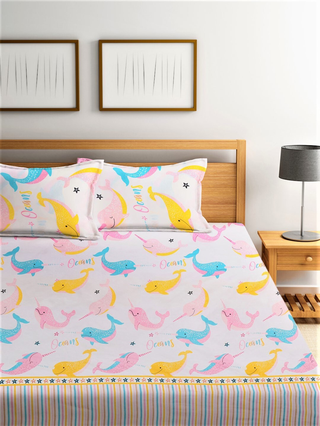 Home Sizzler Pink & Blue Cartoon 210 TC Cotton Bedsheet with Pillow Covers 