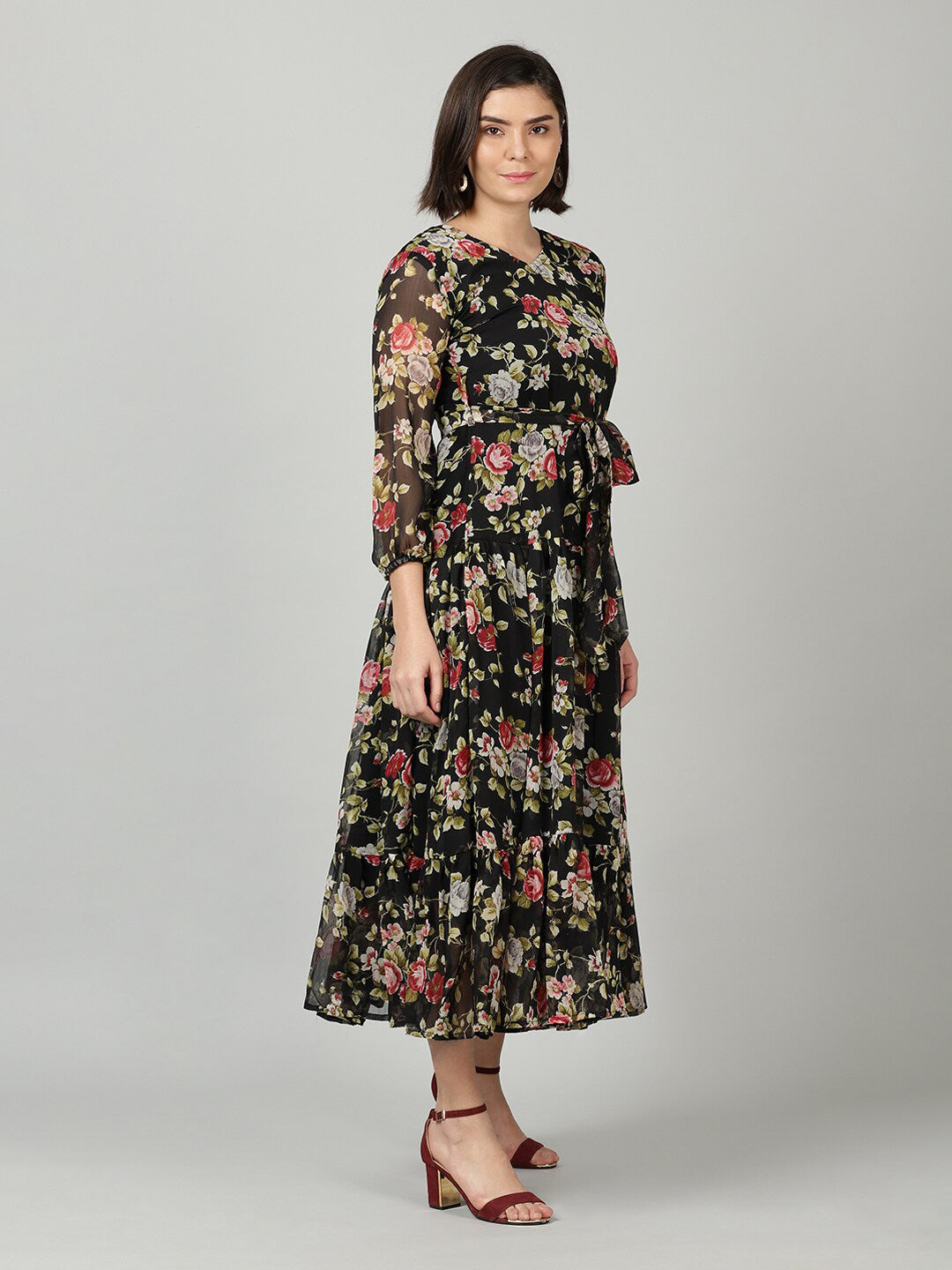 Souchii Black & Pink Floral Chiffon Midi Dress 
