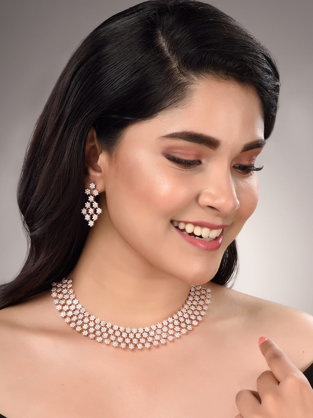 Saraf RS Jewellery White Rose Gold-Plated AD Studded Necklace Jewellery Set - Grab2buy