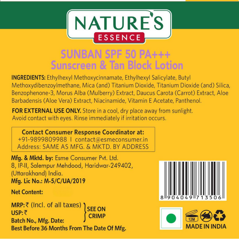 Nature's Essence Sunban Sunscreen & Tan Block Lotion SPF 50 