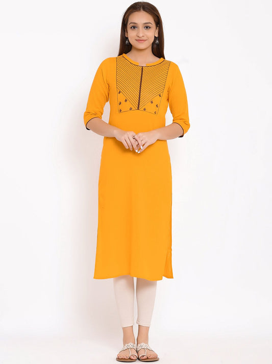 HERE&NOW Yellow Geometric Yoke Design Thread Work Kurta 