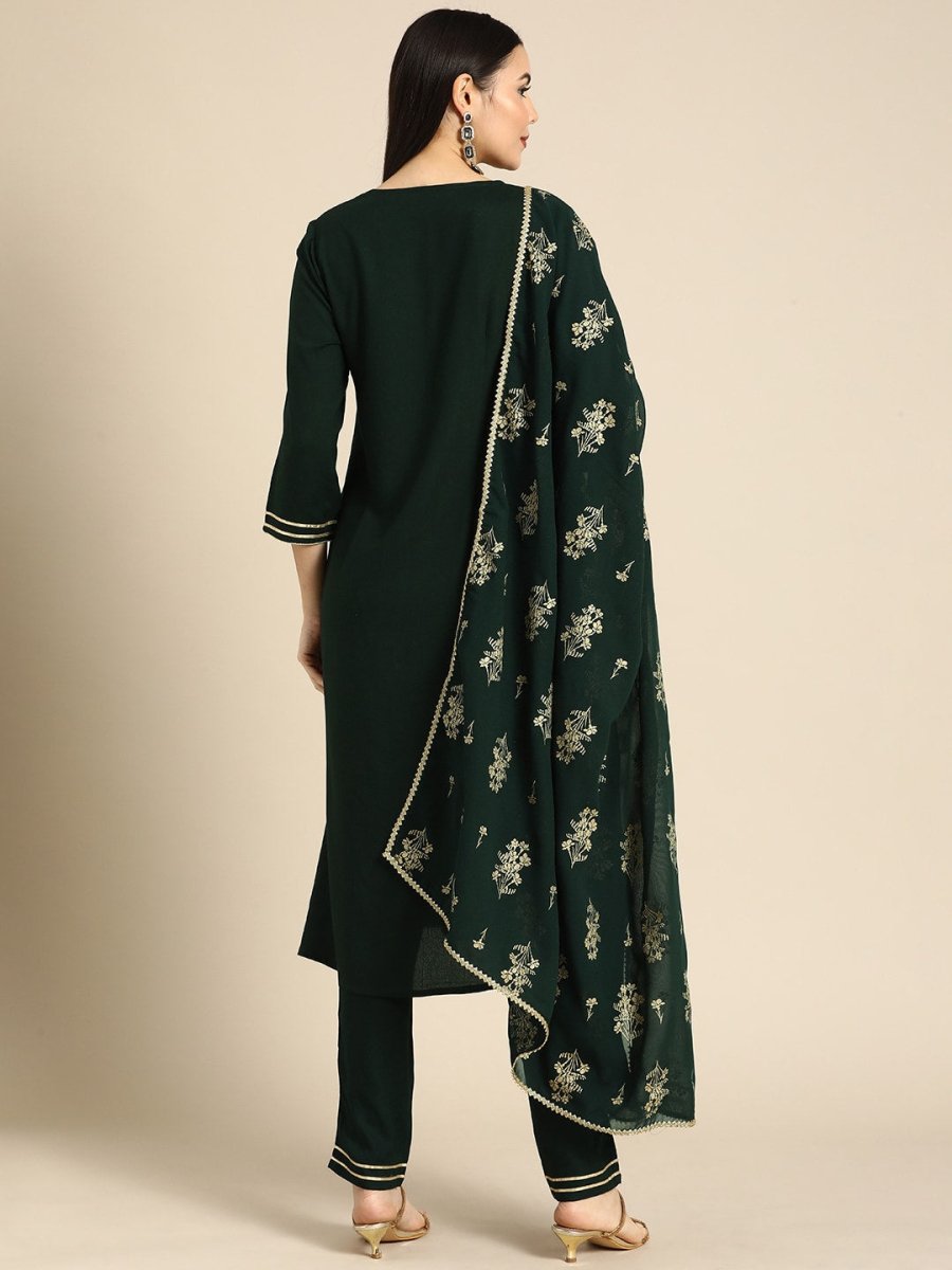 All About You Women Green & Gold-Toned Gotta Patti Kurta with Trousers & With Dupatta