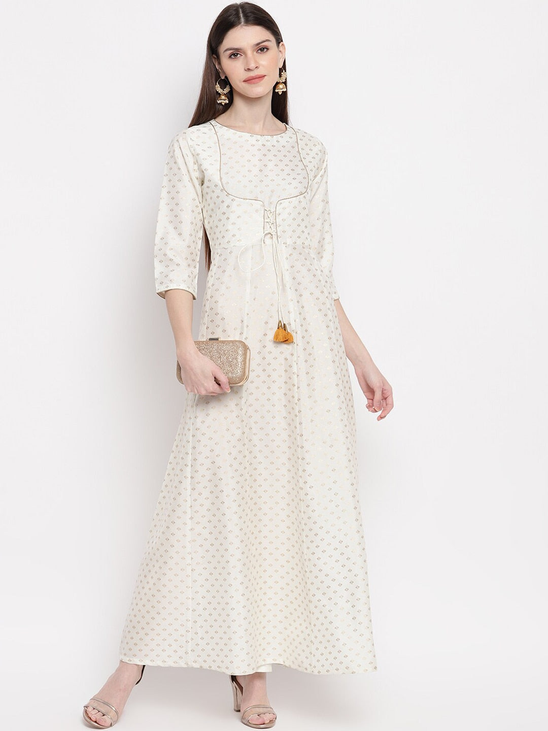 Janasya Women Off White & Gold-Toned Geometric Printed Anarkali Kurta