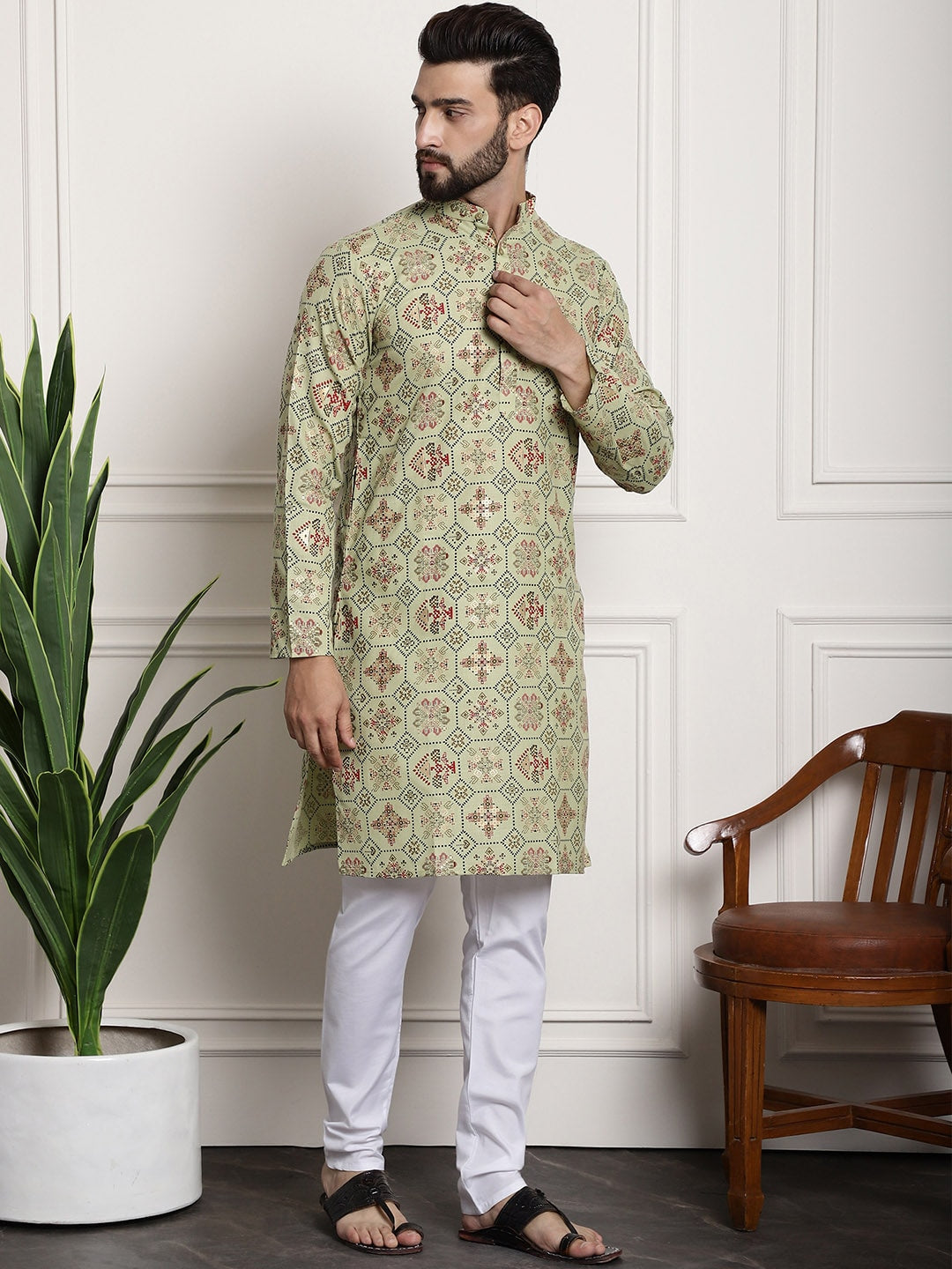Sojanya Men Green Printed Cotton Linen Kurta with Churidar 