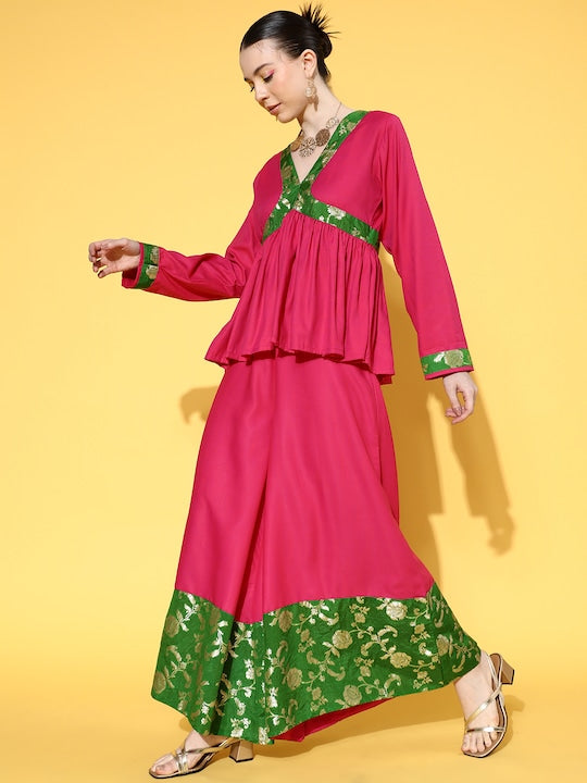 InWeave Women's Fuchsia Green Brocade Mughal Shaan Kurta Palazzo Set 