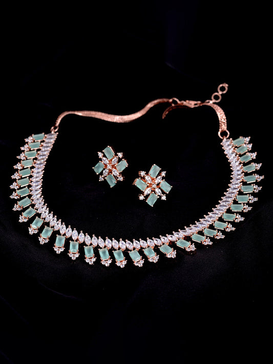 Saraf RS Jewellery Sea Green & Rose Gold-Plated American Diamond Studded Jewellery Set - Grab2buy