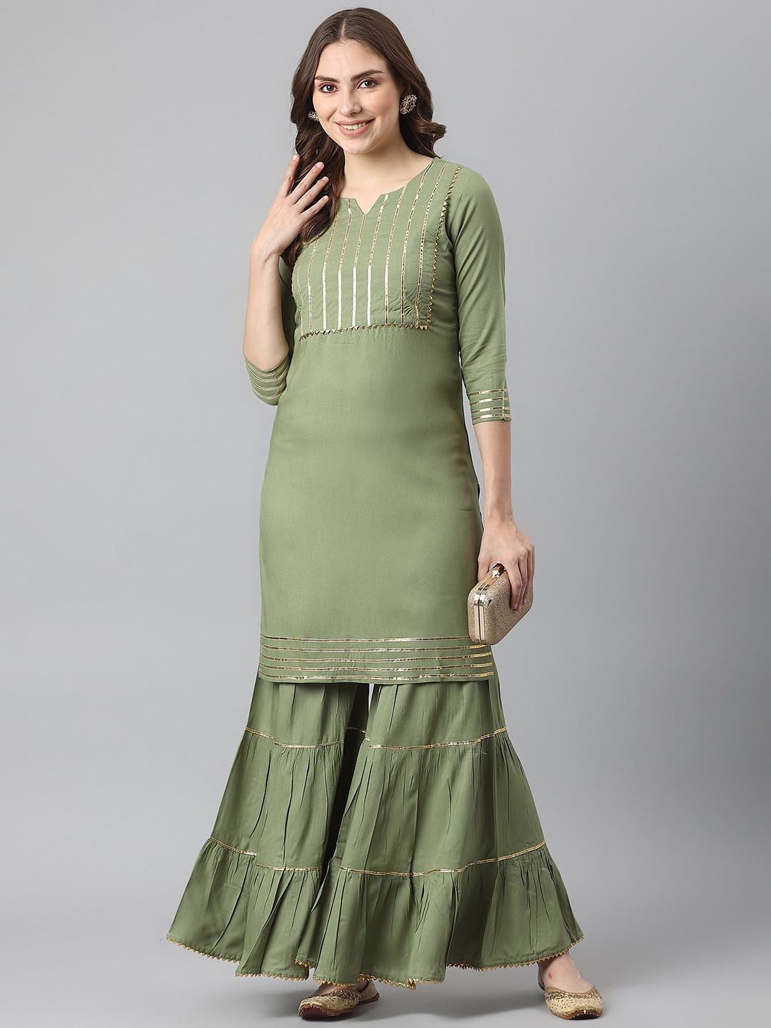 Kalini Women Green Yoke Design Gotta Patti Kurta with Sharara 