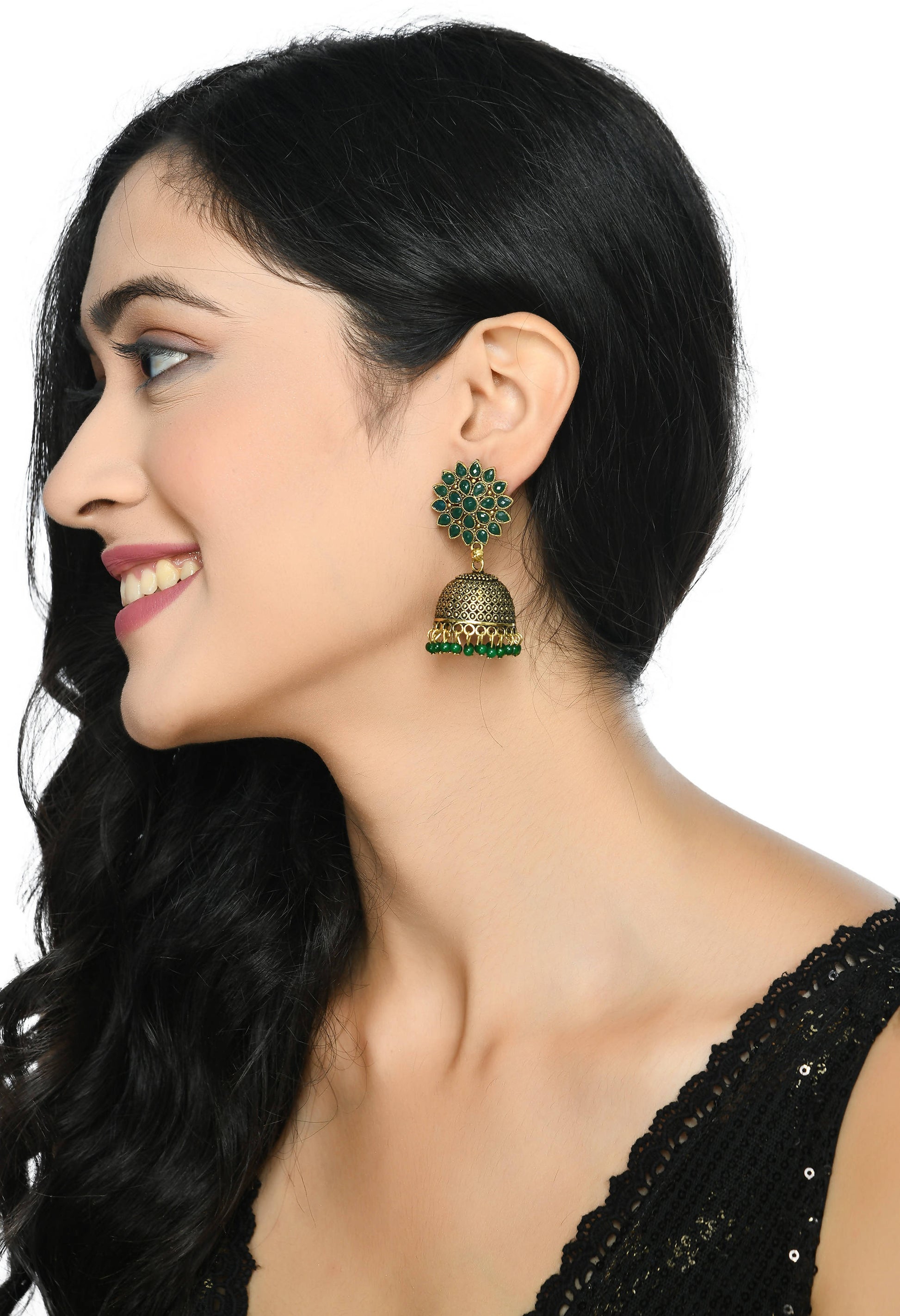 Mominos Fashion Johar Kamal Beautiful Kundan Work Jhumka With Green Beads - Grab2buy