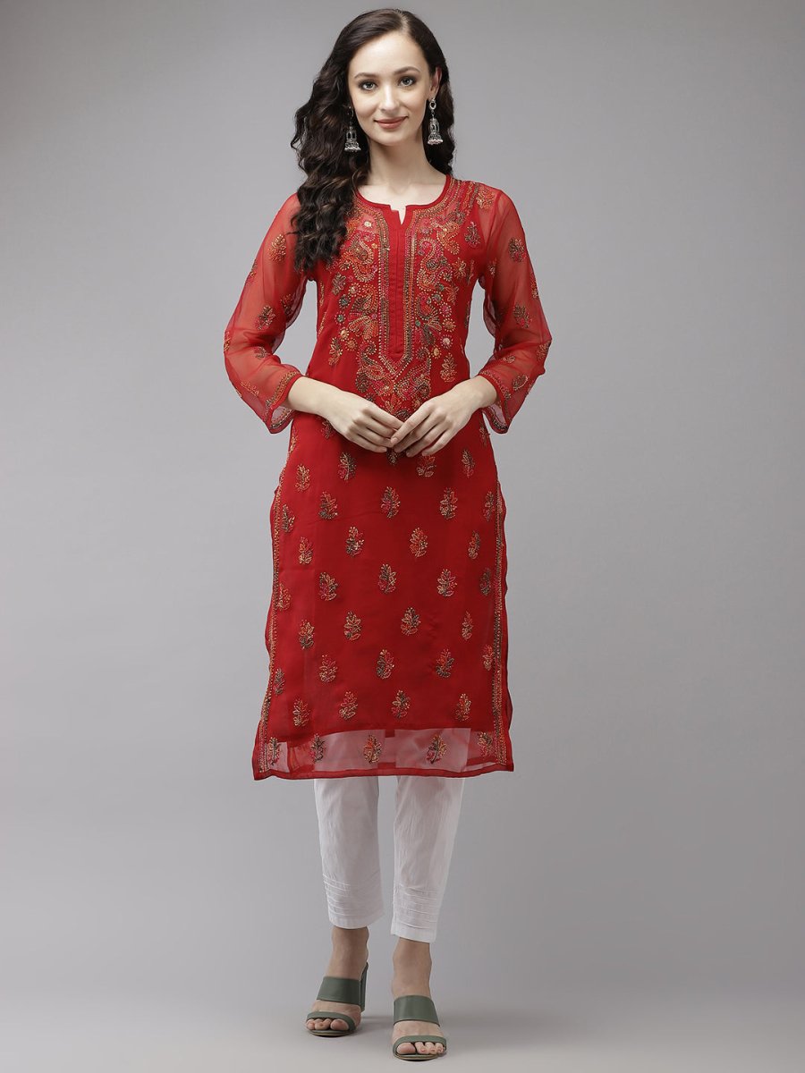 ADA Women Red Embroidered Regular Chikankari Kurta with Trousers 