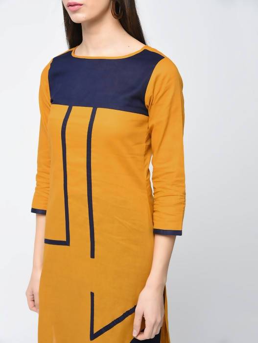 Aniyah Cotton Color Block Straight Kurta In Mustard Color (AN-102K) 