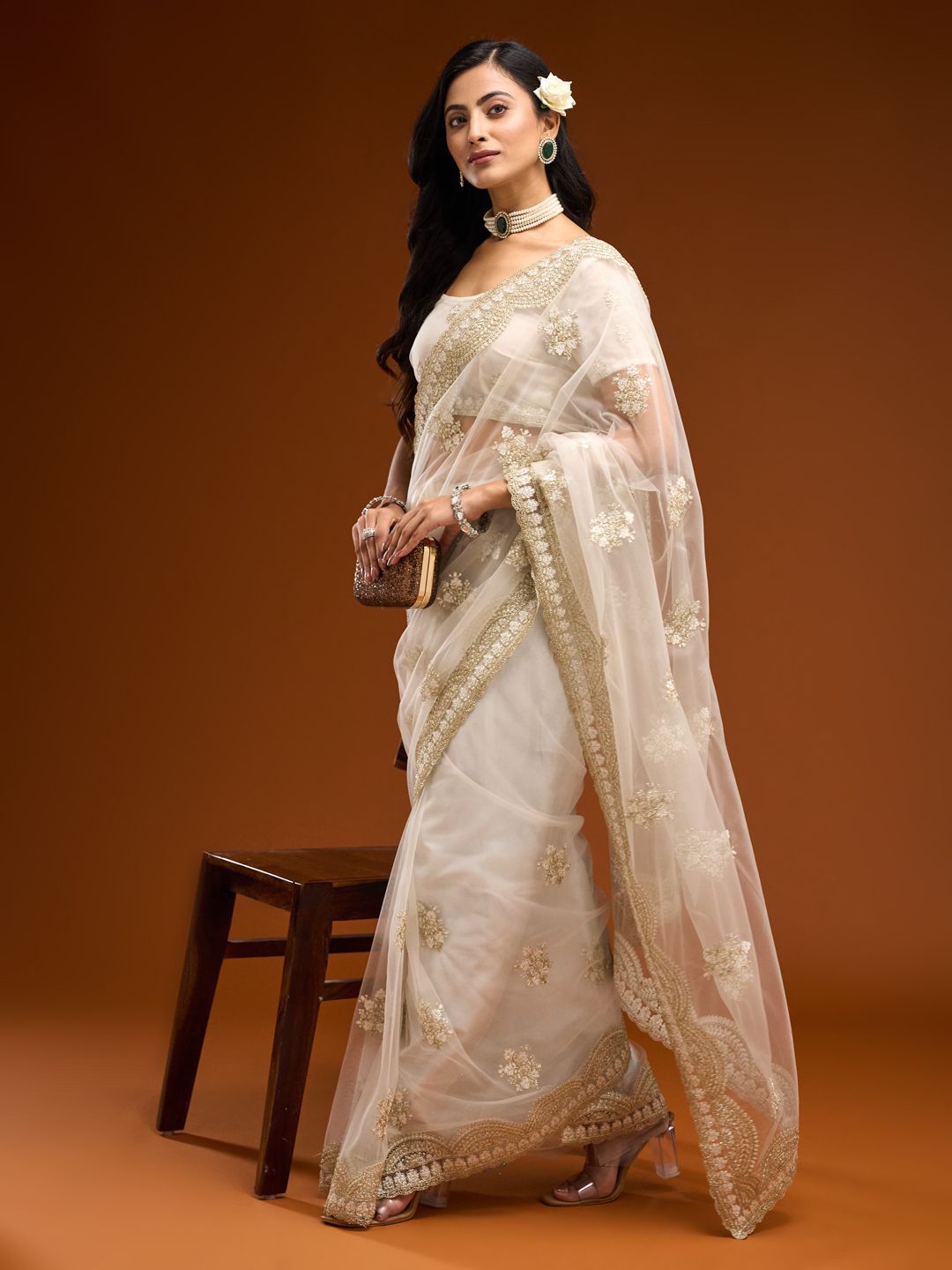kasee Floral Embroidered Net Saree