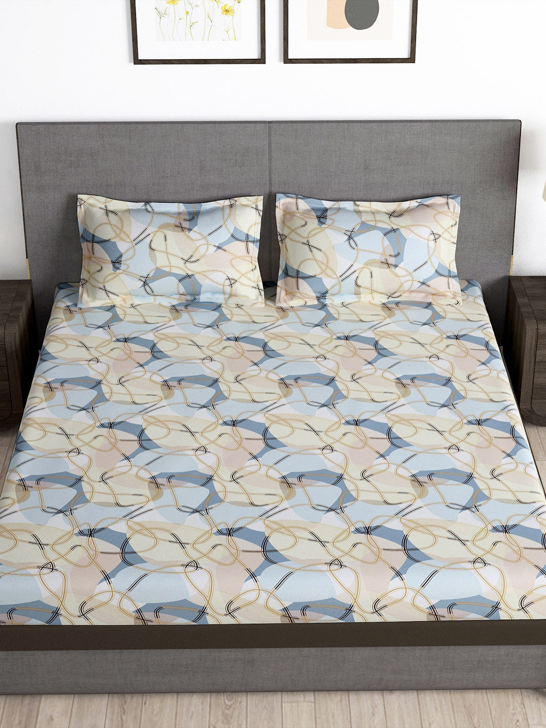 Story@home Arena Cream-Coloured & Grey Printed 180 TC Bedsheet & Pillow Covers 