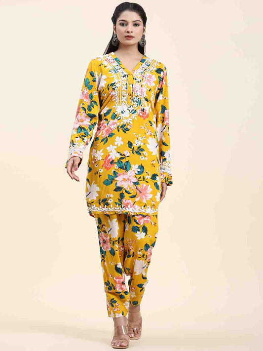 HOUSE OF KARI Floral Printed Chikankari Regular Straight Pure Cotton Kurta with Trousers 