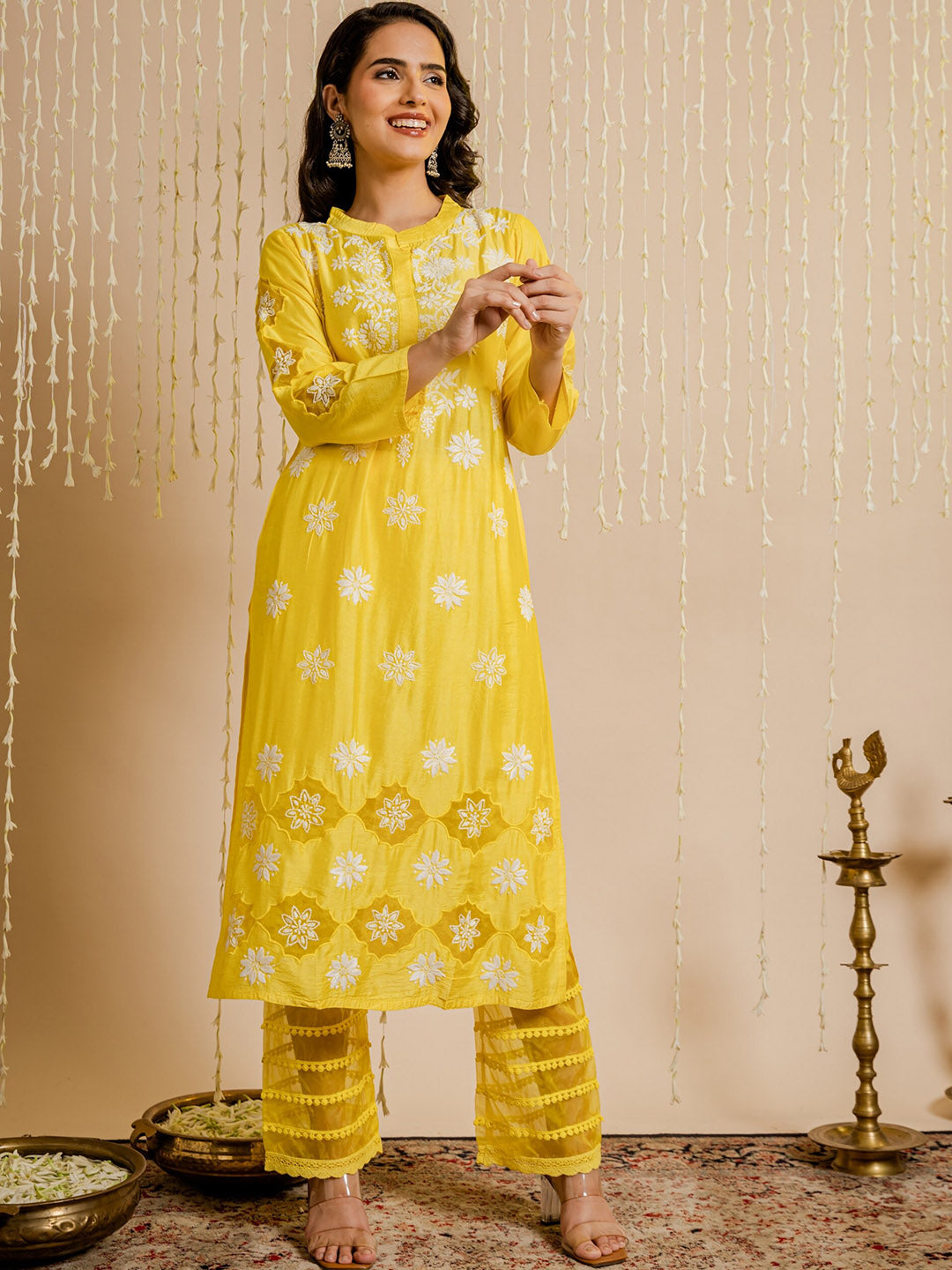 HOUSE OF KARI Floral Embroidered Chanderi Silk Chikankari Kurta 