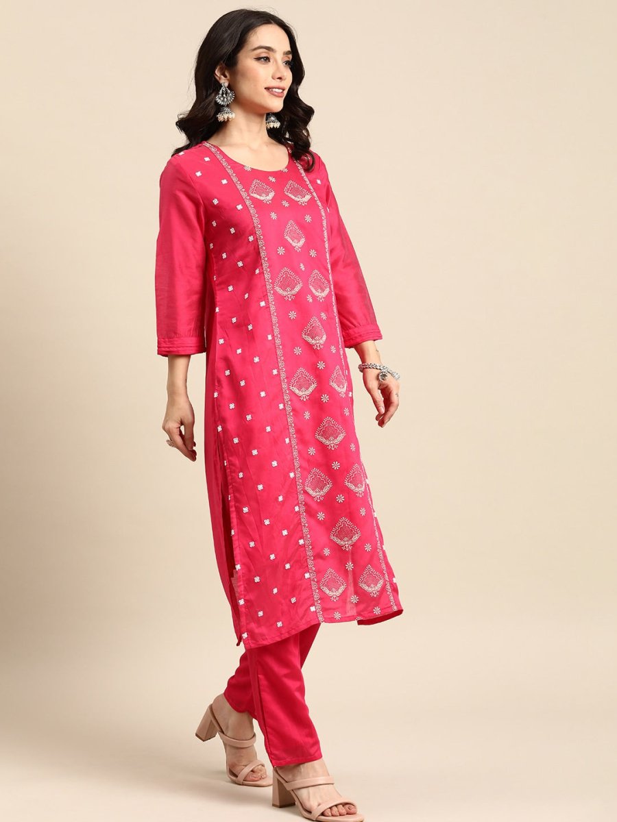 All About You Ethnic Motifs Embroidered Chanderi Silk Kurta with Trousers