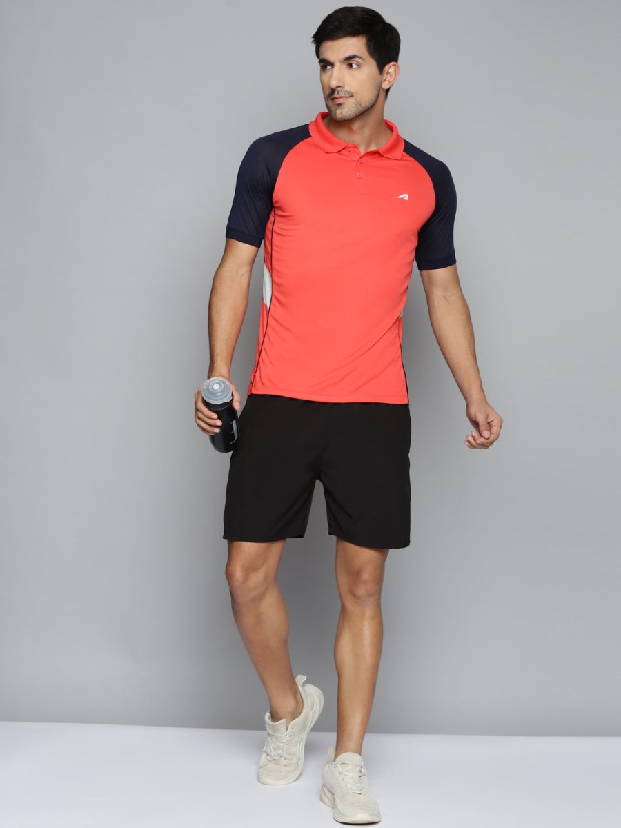 Alcis Men Red & Navy Blue Colourblocked Polo Collar Slim Fit Running T-shirt 