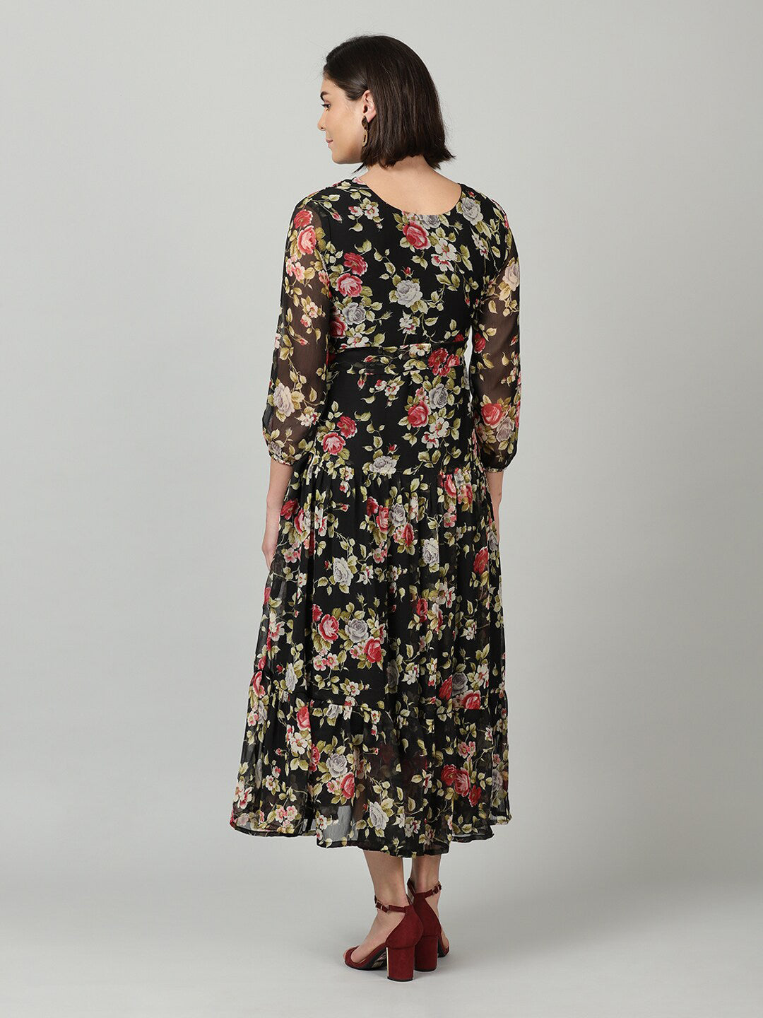 Souchii Black & Pink Floral Chiffon Midi Dress 