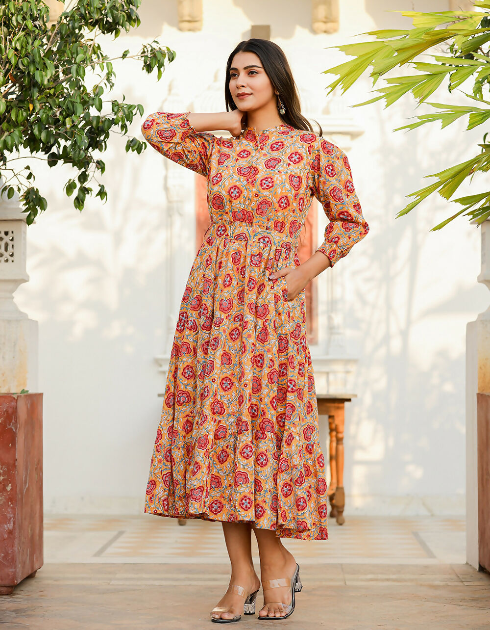 Kaajh Women's Yellow-Red Floral Hand Block Print Cotton Dress