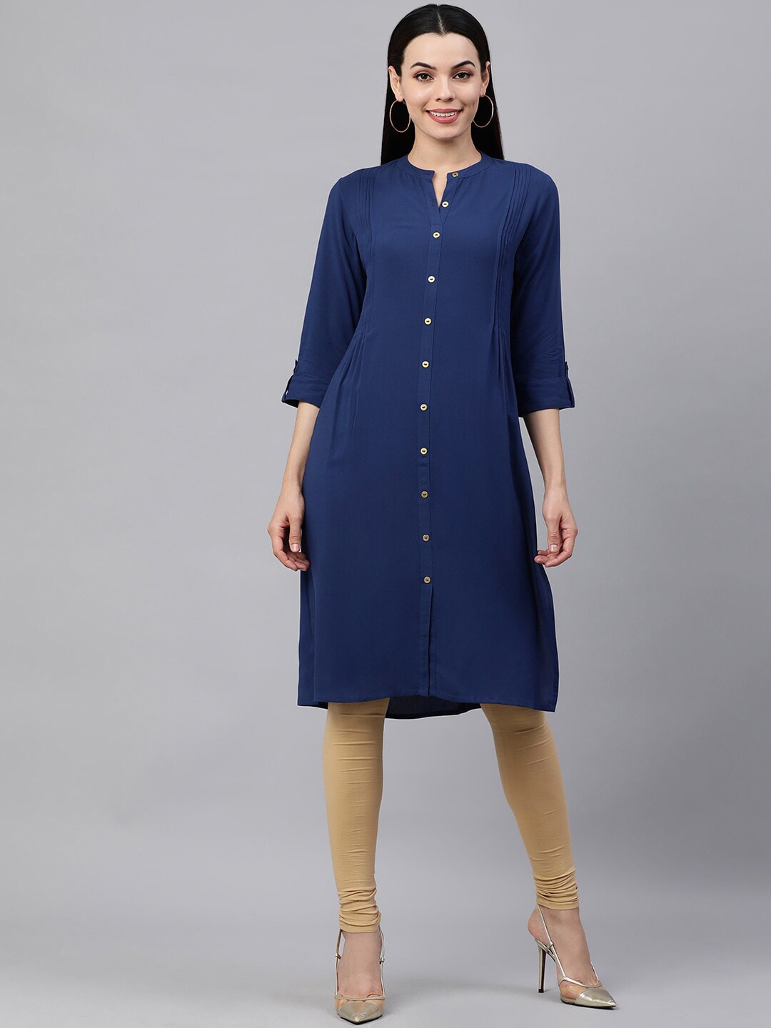HERE&NOW Band Collar Roll UP Sleeves Knee Length Kurta