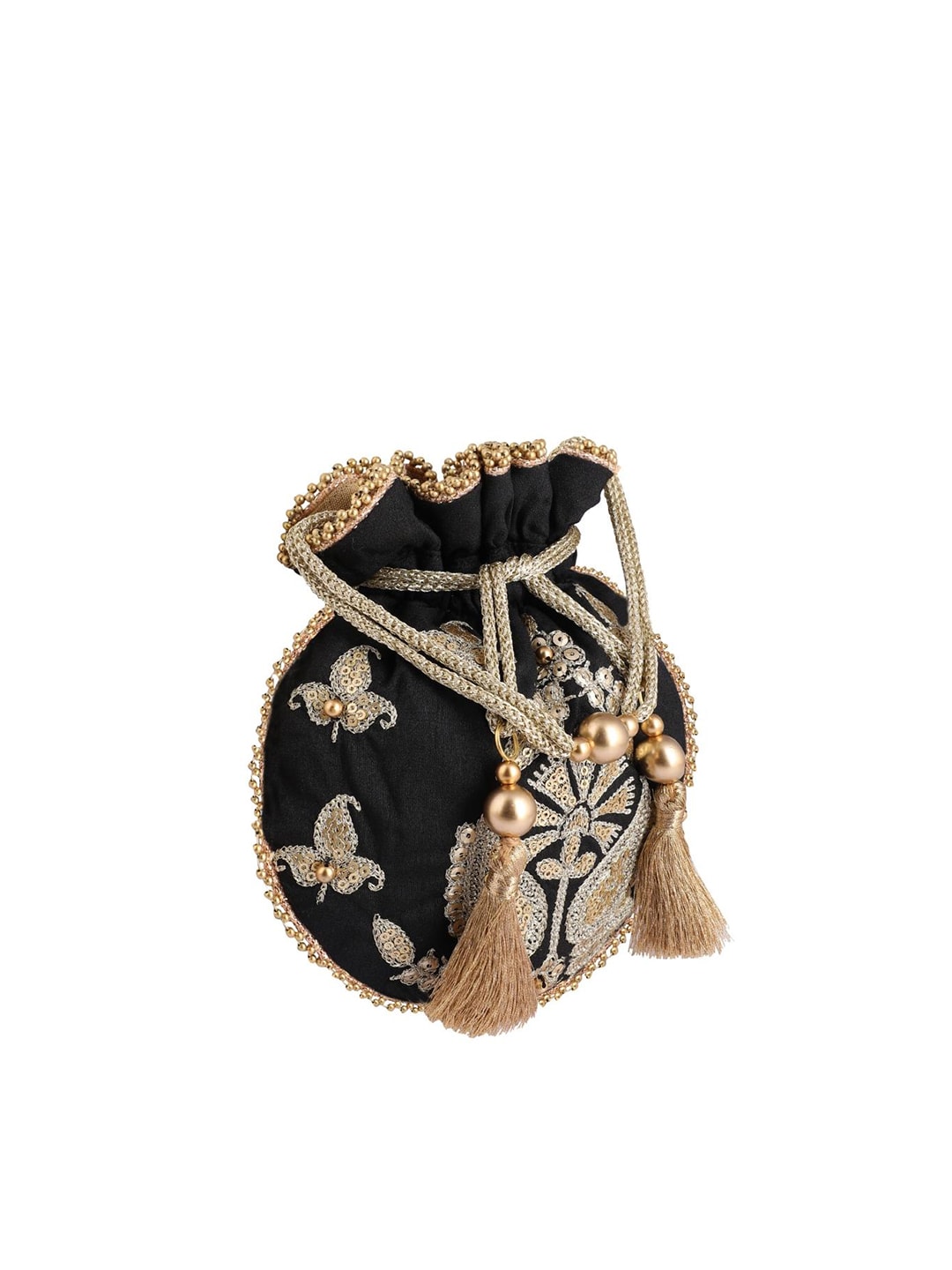 Masq Black & Gold-Toned Embellished Embroidered Potli Clutch 