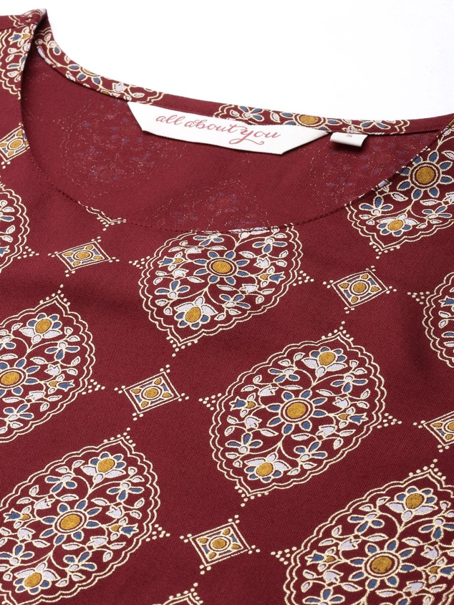 All About You Women Maroon Printed Kurta with Trousers