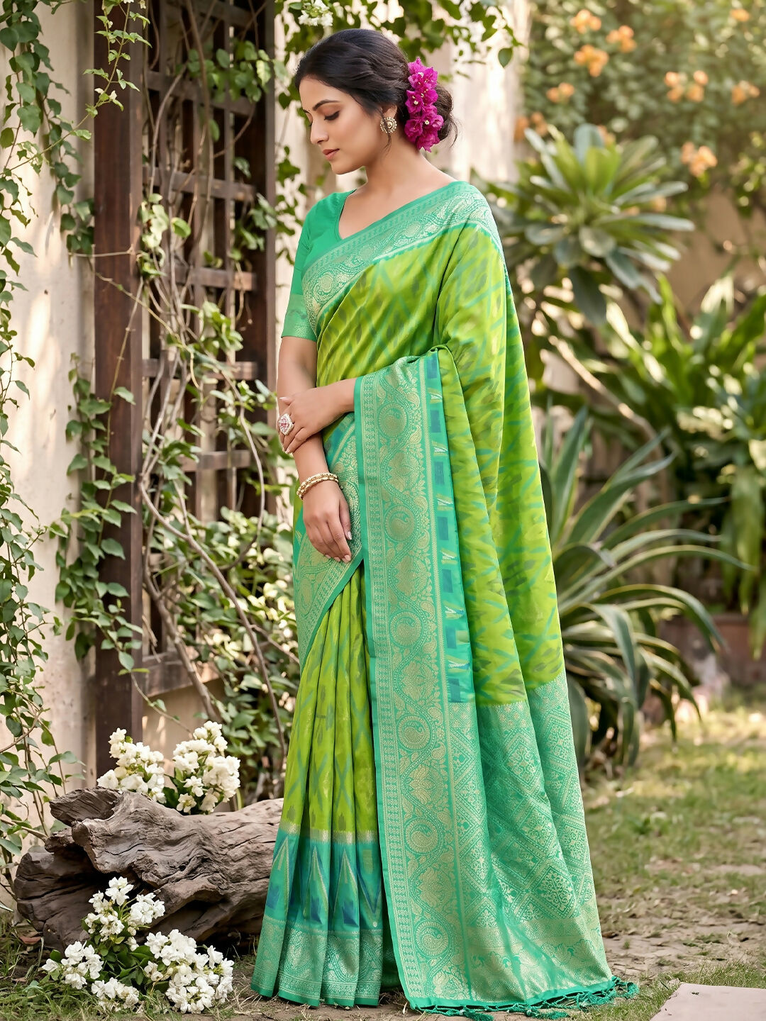 Shree Shyam Fashion Rama Green Soft Silk Saree
