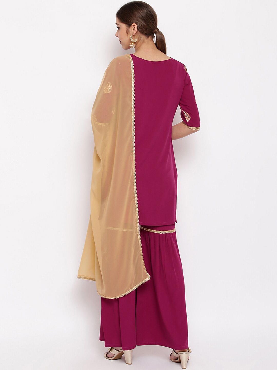 Janasya Women Magenta Printed Kurta with Sharara & Dupatta
