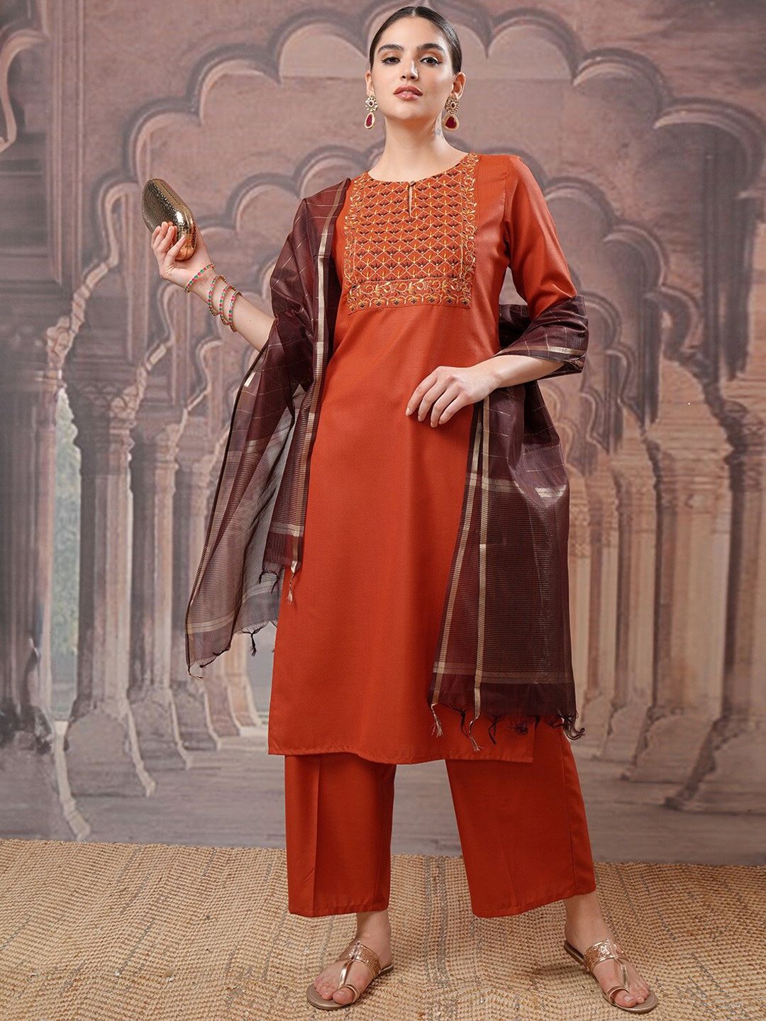 Vishudh Embroidered Regular Thread Work Kurta with Palazzo & Dupatta | Grab2Buy