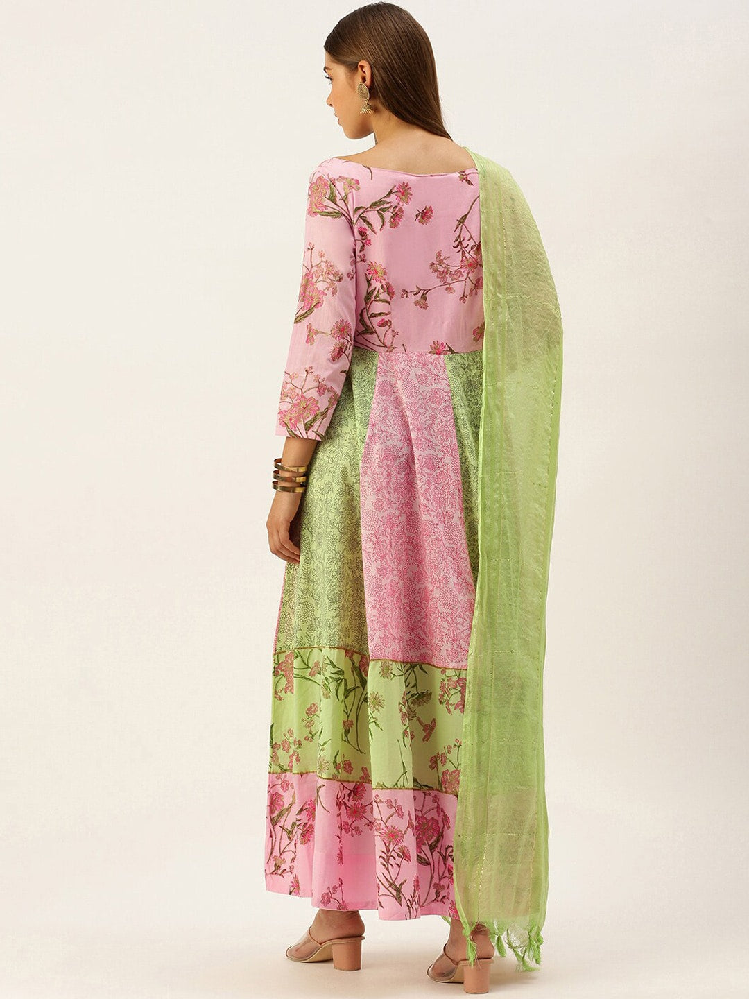 HERE&NOW Women Green & Pink Floral Printed Anarkali Cotton Kurta With Dupatta